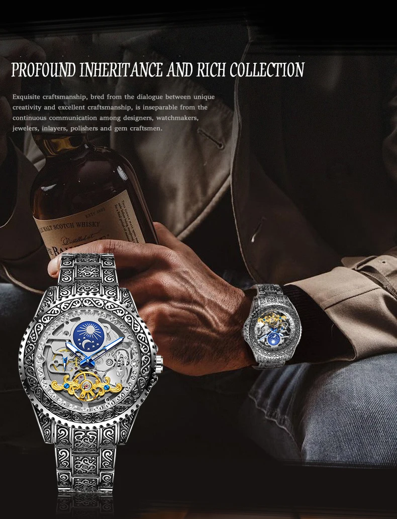 FORSINING Orologio da uomo vintage con intaglio, automatico, meccanico, scheletrato, con fasi lunari, luminoso, di lusso._voghion.com