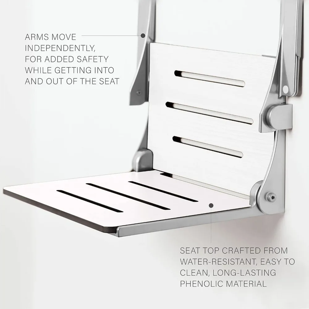 Comfort Folding Wall Mount Shower Bench Seat with Arms, White Seat with Silver Frame 5