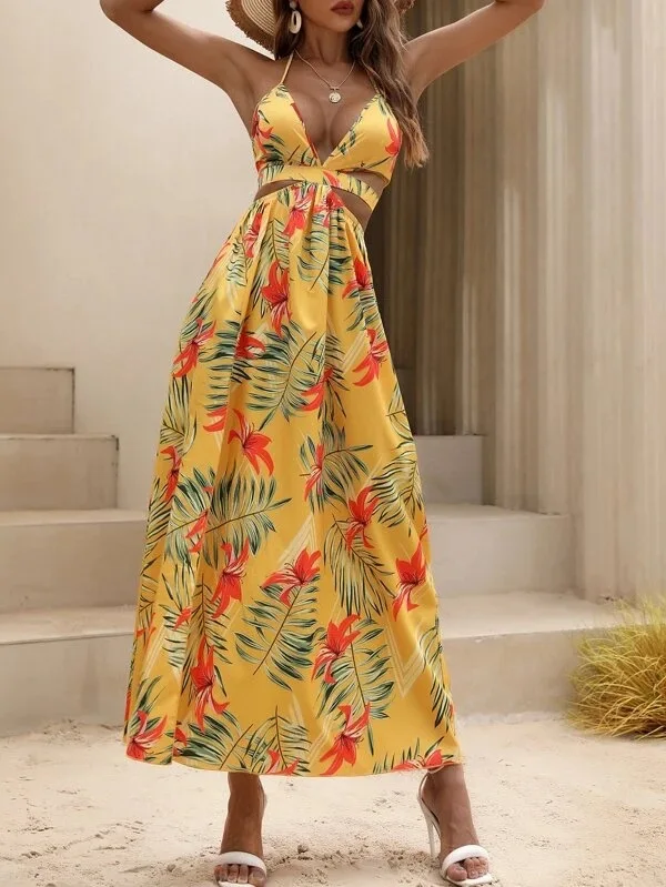 Print Halter Neck Slit Dresses Women Sexy Deep V-neck Hollow Out Backless Bowknot Leace-up Long Dress Female Streetwear Vestidos 17 undefined