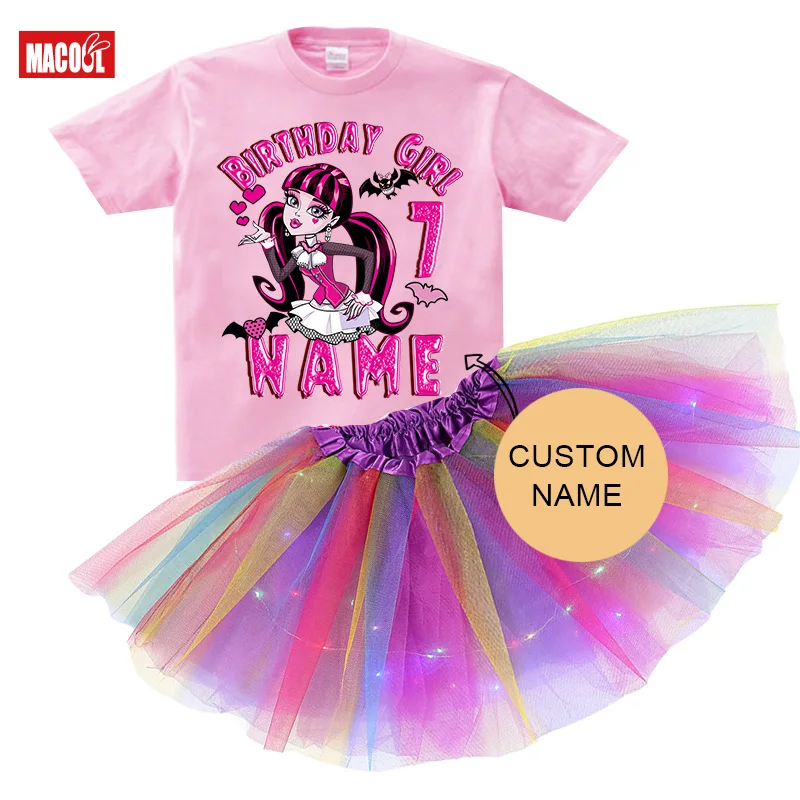 thumbnail image 1 of Conjunto de tutú y vestido para cumpleaños de niñas, traje de fiesta de cumpleaños de Monster High Boll, vestido ligero para fiesta de niñas, falda de 5 años, manga larga, 1 of 4