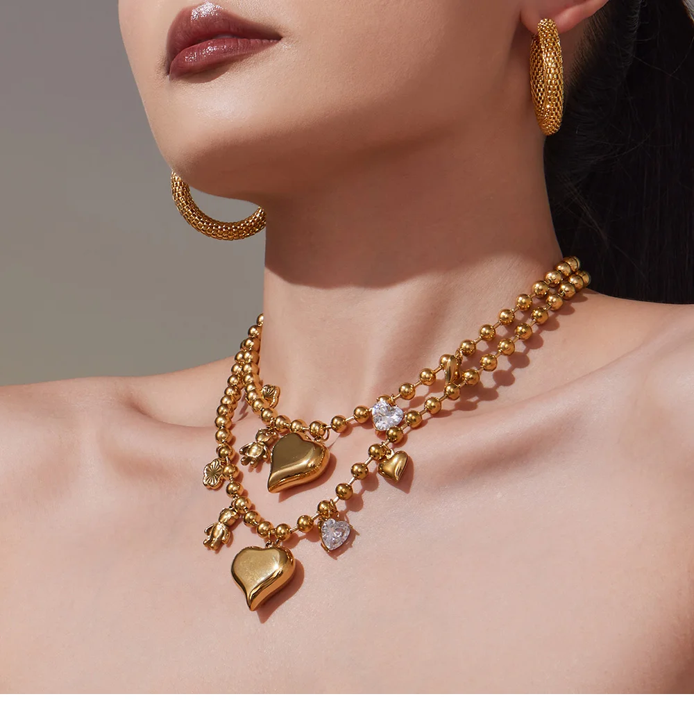 Niedliche herzförmige Zirkon-Anhänger-Halskette für Damen, Edelstahl, vergoldete Perlen, Bären-Blumen-Halskette, Luxus-Schmuck, Geschenk – Detail 4