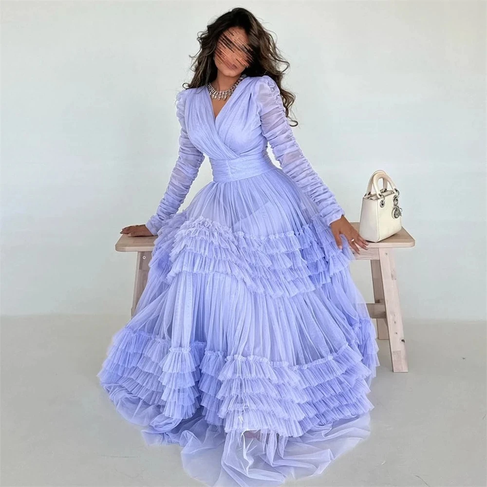 

Purple Elegant Prom Dress V Neck Saudi Arabia Evening Gown Tulle Request Long Sleeve Tulle Formal Occasion vestidos de gala 2024
