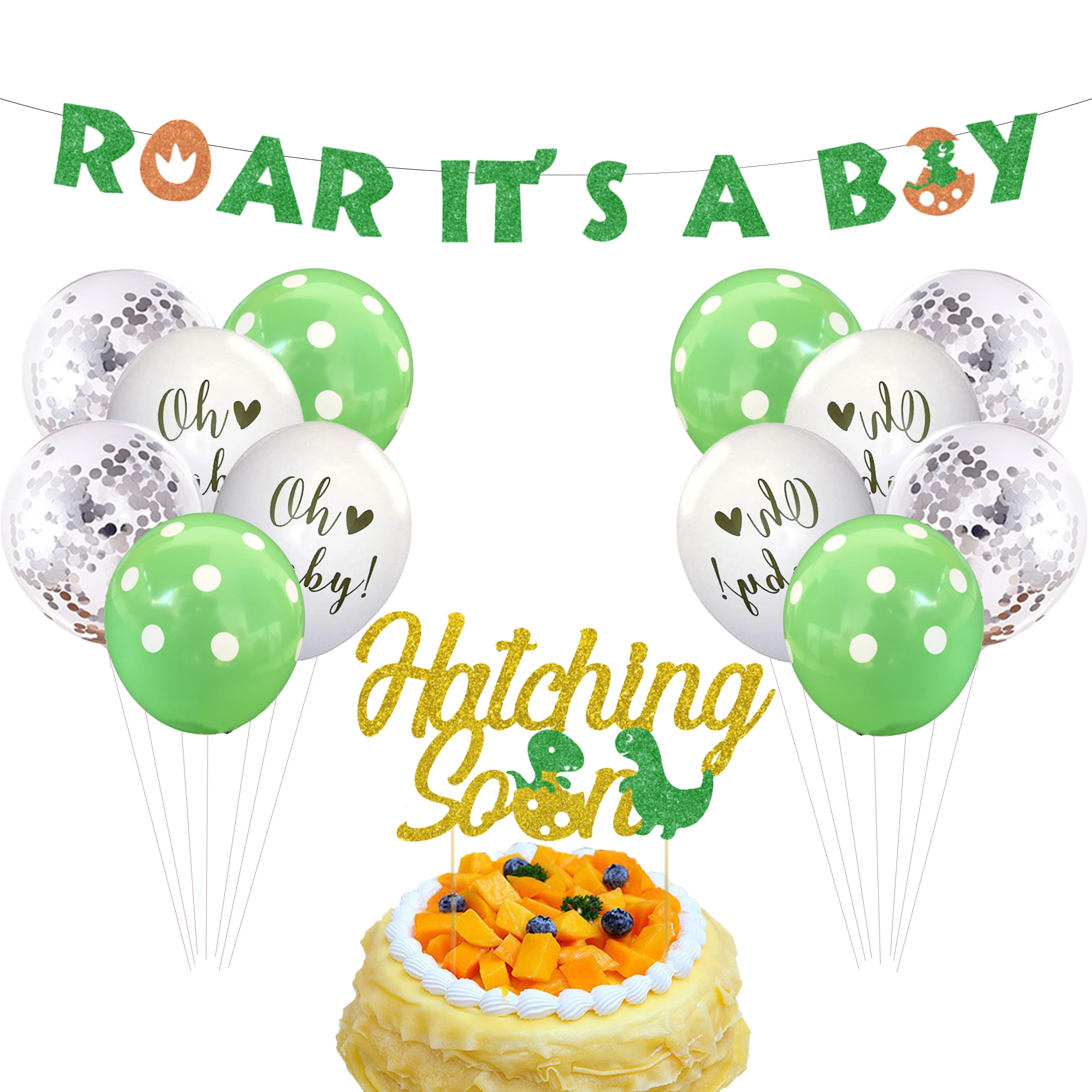 

Dinosaur Theme Baby Shower Decoration, Banner Cake Topper, Balloon, Green Hatch, Welcome Baby Gender Reveal Supplies