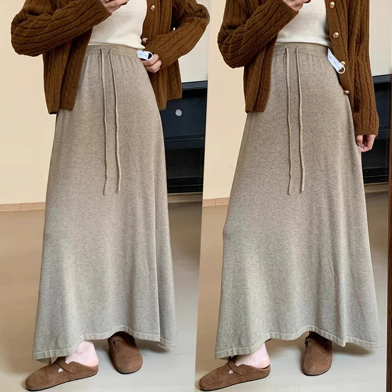 Korean Style Winter Maternity Cashmere Skirt Solid Color Warm Pregnant Woman Knitting Skirts Adjustable Waist Maxi Skirts 92cm