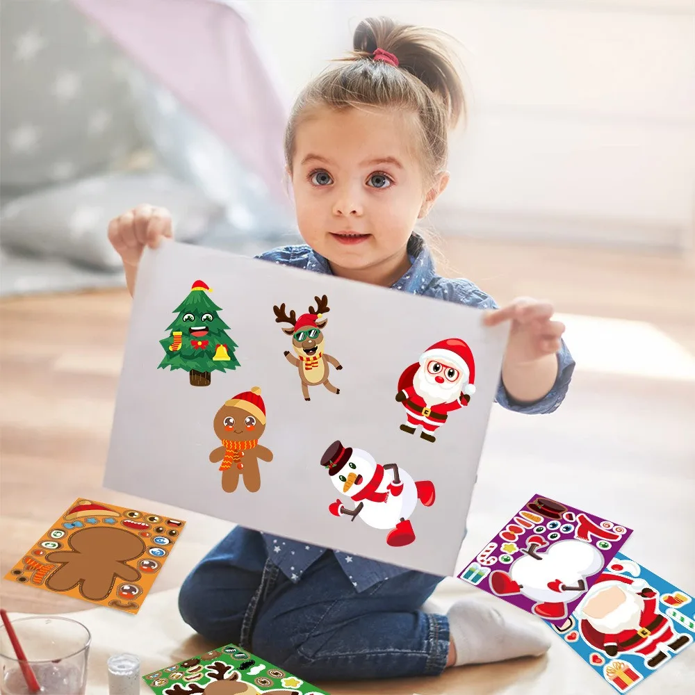 

8 Sheets Children Puzzle Stickers DIY Snowman Christmas Tree Socks Face Assemble Stickers Boys Girls Christmas Party Child Gifts