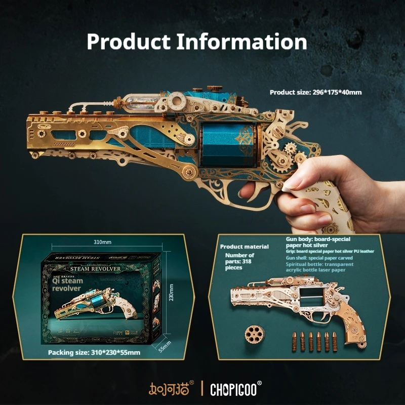 How Cat DIY 3D Wooden Puzzle Steam Revolver Assembly Model Kits Toys For Children