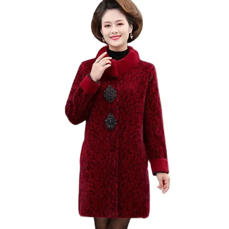 

Middle Aged Elderly Mothers Autumn Winter New Coat Mid Length Imitation Mink Velvet Women's Jacket Fashion Keep Warm Overcoat