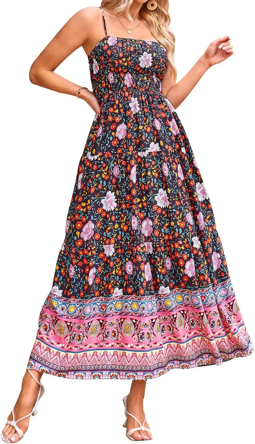 Vintage Flower Print Spaghetti Strap Dresses Women Fashion Trendy Bohemian Beach Vacation Long Dress Female Summer New Vestidos