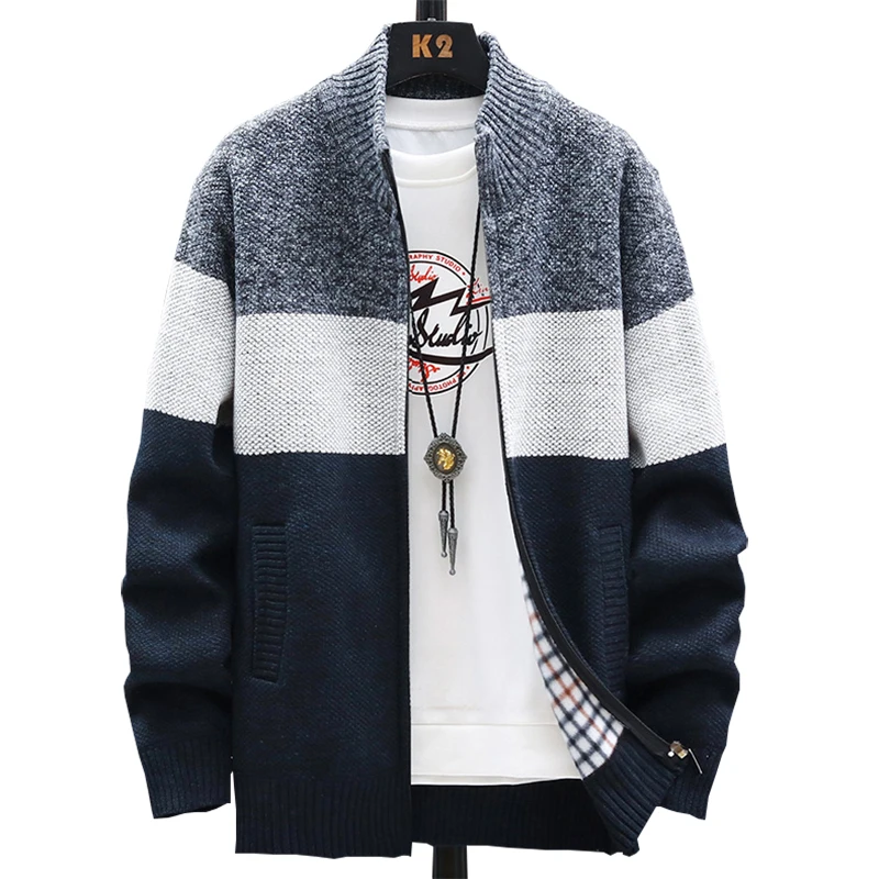 

2024 Winter Men Sweater Add Velvet Cardigan Patchwork Color Stand Collar Male Casual Zipper Knitted Thick Warm Sweatercoat