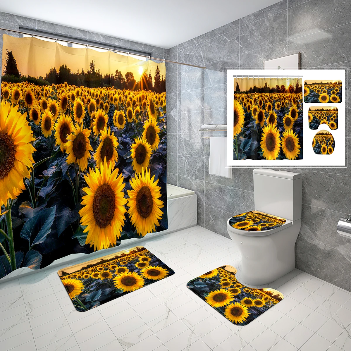 

4 PCS Sunflower Shower Curtain Set Sunset Country Natural Garden Shower Curtain Bathroom Non-Slip Bath Mat Toilet Cover Cover