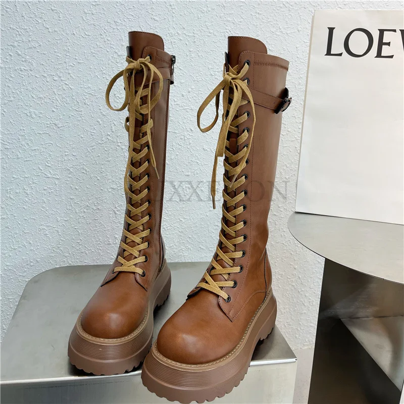 

Retro Marton Boots Women Platform Knight Long Boots Slim Lace Up Knee Boots Autumn Genuine Leather Platform Boots