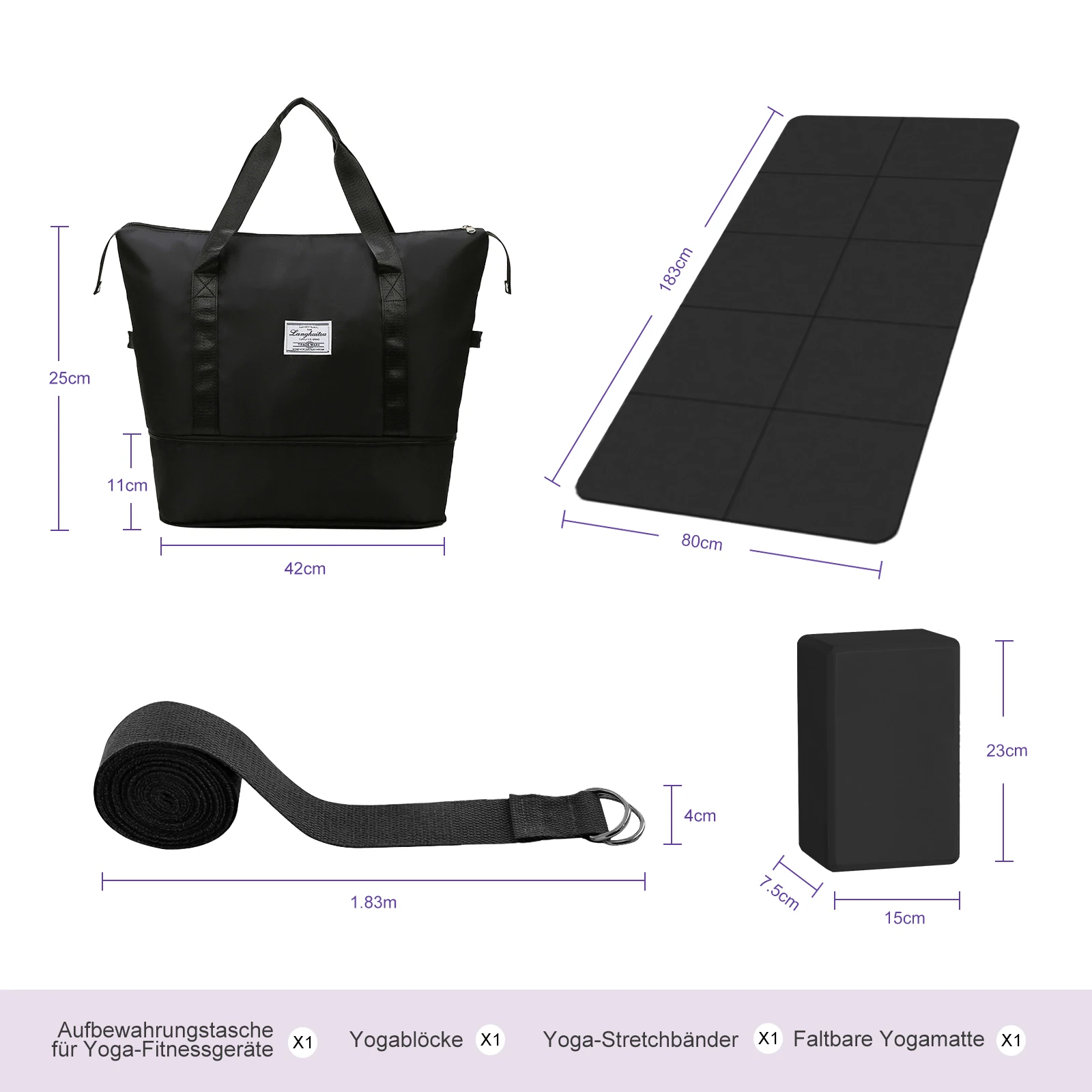 4-teiliges Reise-Yoga-Set, 183x80cm Faltbare Yogamatte, Rutschfest, Yoga-Block, Verstellbarer Schultergurt, Yoga-Tasche, Reise-Gogamat – Detail 1