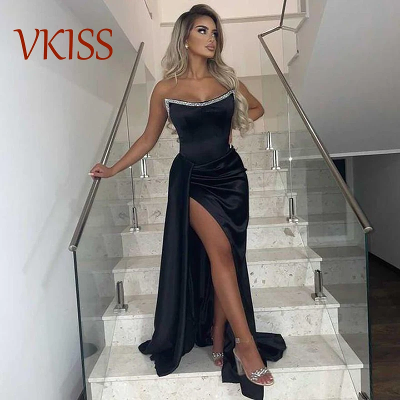 

Black Prom Dresses 2023 Beaded Strapless Sexy Side Split Long Dress for Bride Special Occasion Zipper Back Cocktail Party Gowns