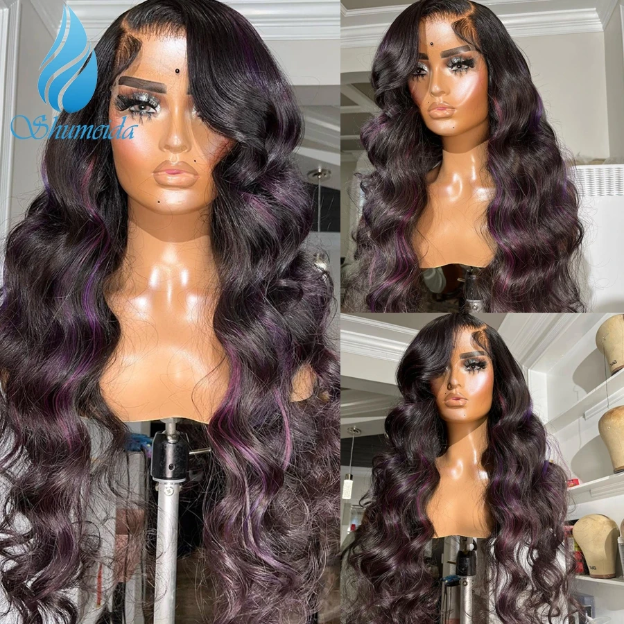 

Shumeida Highlight Purple Color 13x6 Lace Front Wig Brazilian Remy Human Hair Gluelss Wigs for Women PrePlucked Hairline