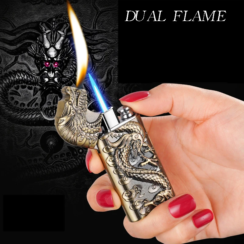 Dual Flame Direct Conversion Open Flame Inflatable Lighters with Metal Three-Dimensional Relief Dragon bbq lighter,butane gas lighter,kerosene lighter