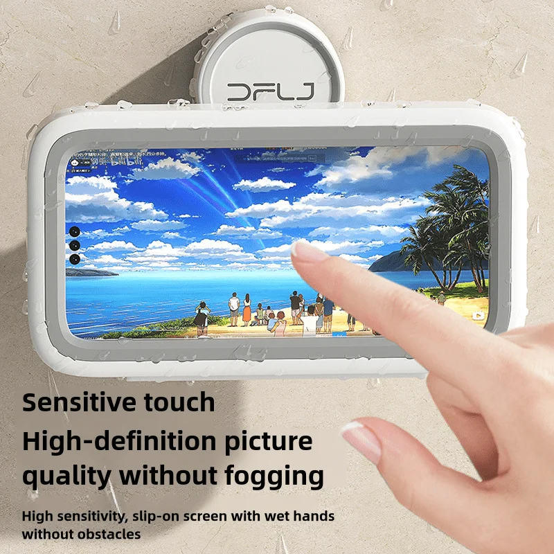 Waterproof Anti-Fog Wall-Mounted Phone Holder 480&deg; Rotation with Suction Cup-Flexible ABS Bathroom Storage Case,Up To 6.8In