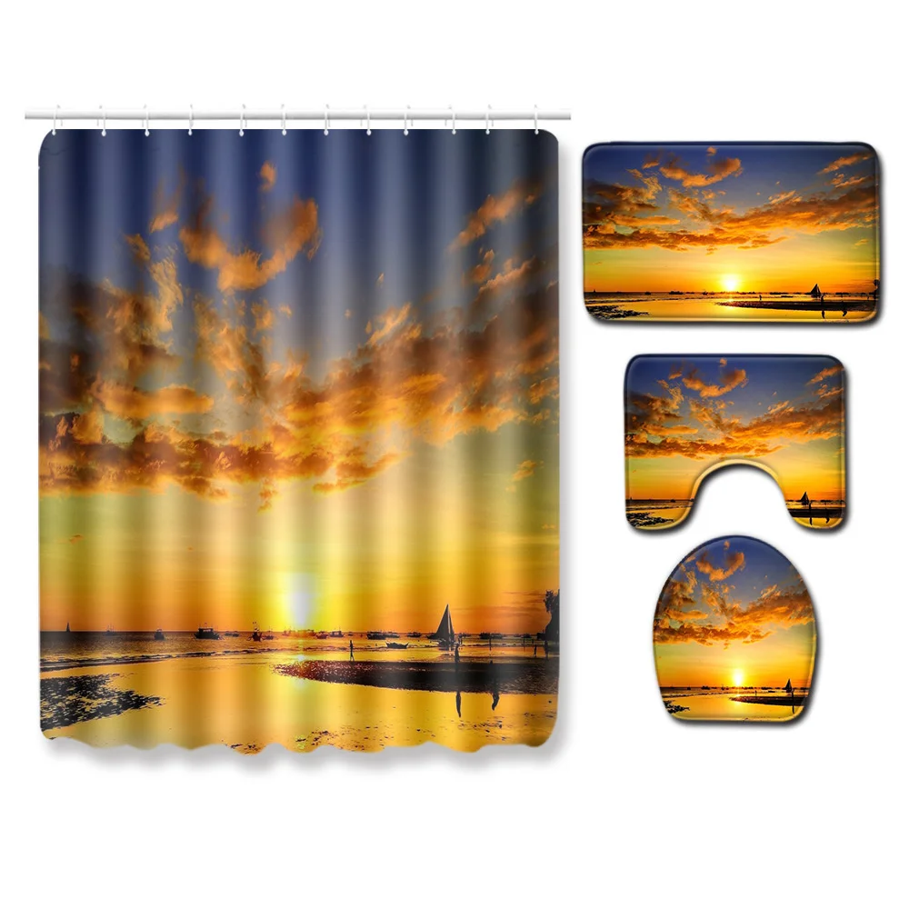 

Coastal Sunrise Sunset Shower Curtain Combination Set Beach Sunrise View Bathroom Carpet U-shaped mat Toilet mat Shower curtain