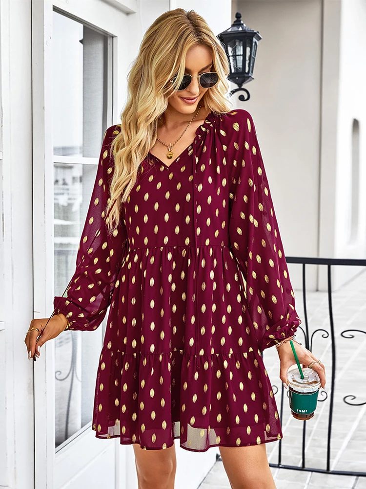 

V Neck Woman Chiffon Dress 2022 Autumn Dot Printed Loose Fit Mini Robe Holiday Long Sleeve Dresses for Women Vestido De Mujer