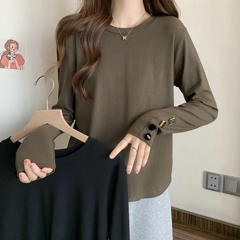 

Women's 4XL Spring Korean T-shirt Fashion Casual Button Bottom T Shirt Solid Color Slim Basic Top Tees