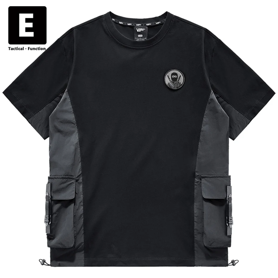 

Ninja Epaulets T-Shirt Black Cargo Tshirt Men Summer Short Sleeve T Shirt Harajuku Techwear Patchwork Design Tops Tees Male