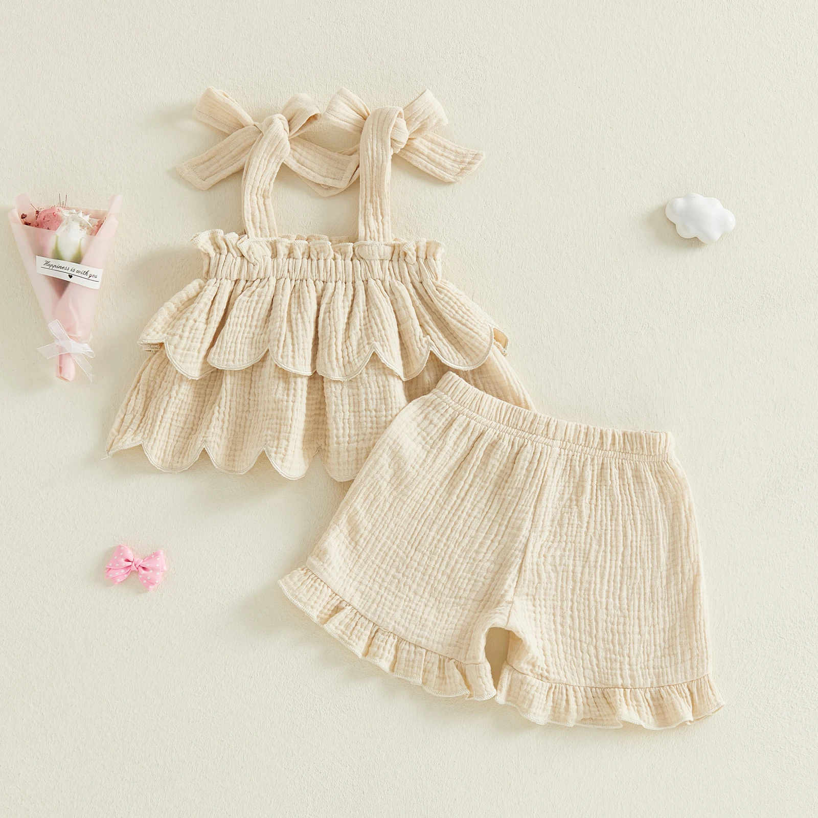 Abbigliamento per Bambine, Completo Estivo a 2 Pezzi, Top Senza Maniche a Strati Tinta Unita, Pantaloncini con Volant, Set di Abbigliamento per Bambini - immagine 3
