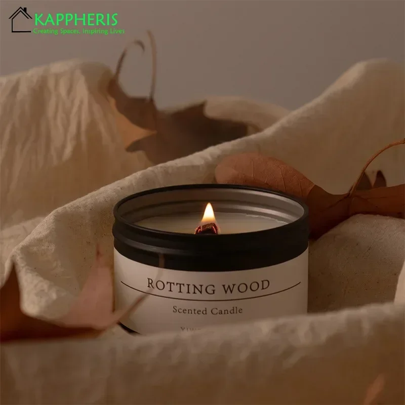 Black Tin Can Scented Aromatic Candles Wooden Wick Candle Jars with Lid Classic Home Decorative Candles Dried Flower candle wick candle wicks