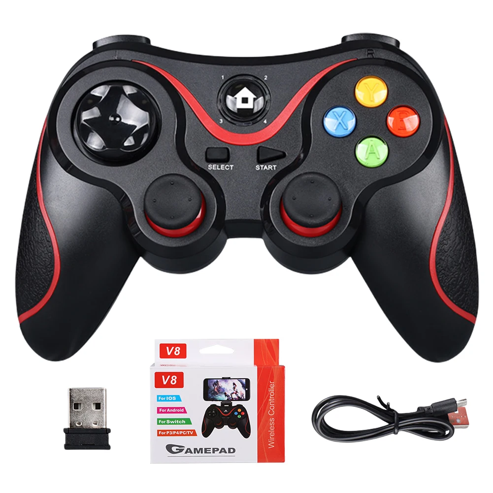 V8 2.4G Wireless Game Controller Gaming Joystick BT Gaming Controller Dual Vibration for Android/iOS/PC/PS3/Switch/Mobile Phone — Color: Black