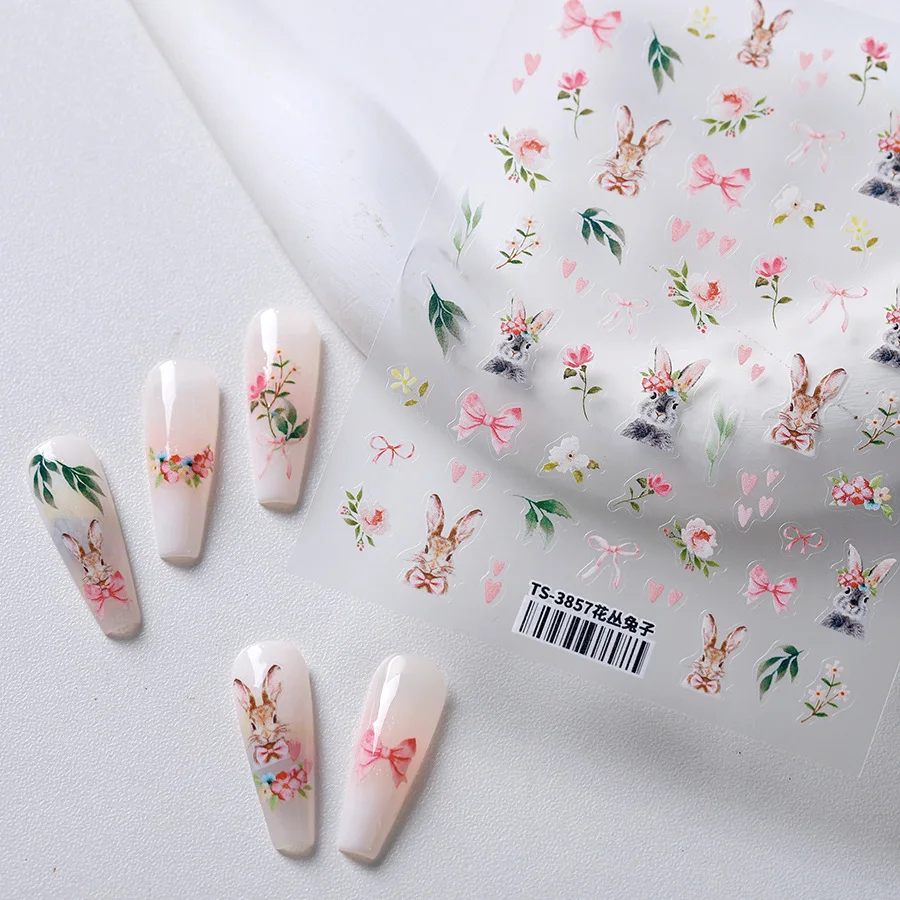 Cute Rabbit Love Heart Bowknot Easter Bunny Eggs Bunny Flower Rose Leaves Nail Art Stickers Charm Garden Animal Manicure Decals 3