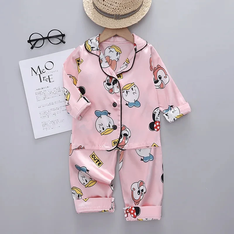 Kids Pajamas Set Disney Mickey Mouse 2Pcs Silk Satin Long Sleeve Top Trousers Baby Boys Girls Cartoon