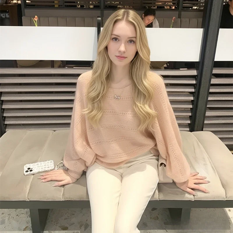 Autumn Fashion Elegant Thin Lantern Sleeve Office Casual Knitwear Top New Women's Clothing Knitted Hollow Crew Neck Sweater