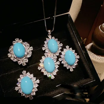 Women Austrian Vintage Turquoise Sunflower Necklace Petal Zircon Earrings Ring Set 1