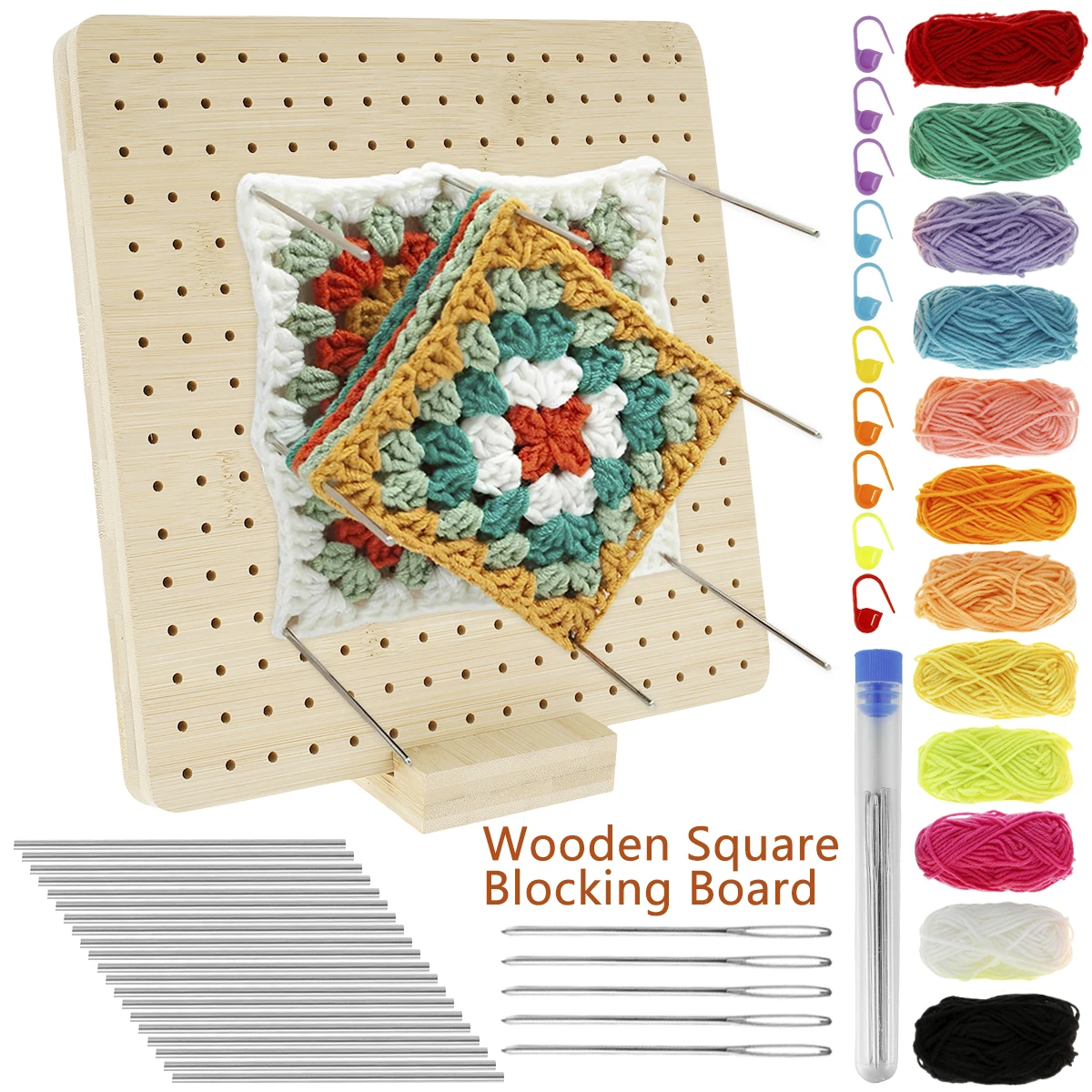 9.25in Crochet Blocking Board with 20Pins Sycamore Wood Square Blocking  Board w/ 12Colored Yarn and Stitch Marker Knitting Board - AliExpress