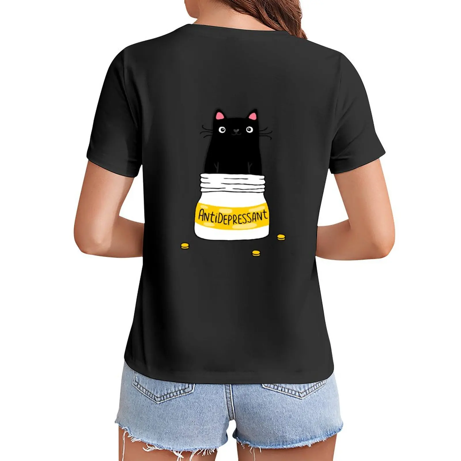 

FUR ANTIDEPRESSANT . Cute black cat illustration. A gift for a pet lover. T-Shirt funnys t-shirts for Women cotton