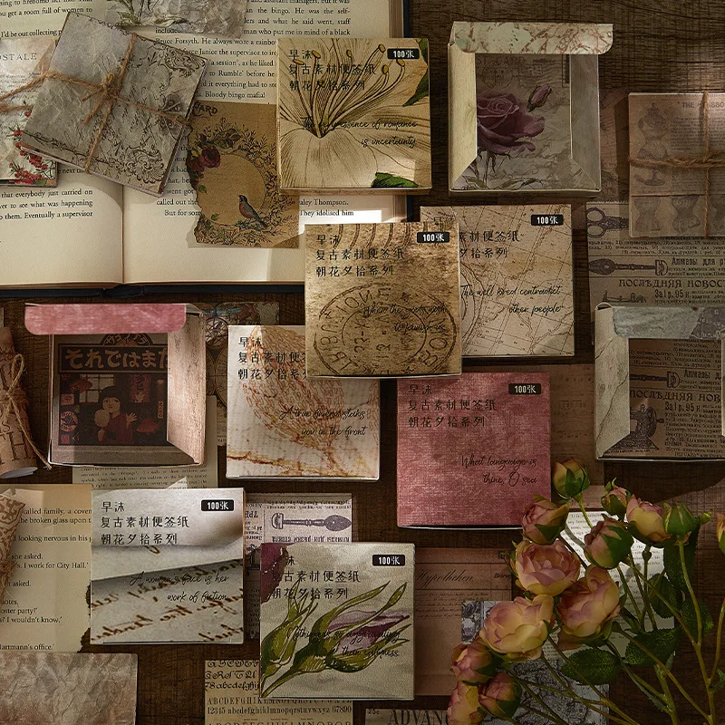 

100Pcs Vintage Plant Material Vintage Letter Map Sticky Notes Paper Asanas Series Creative Ins Style Scrapbook Diary DIY Decorat