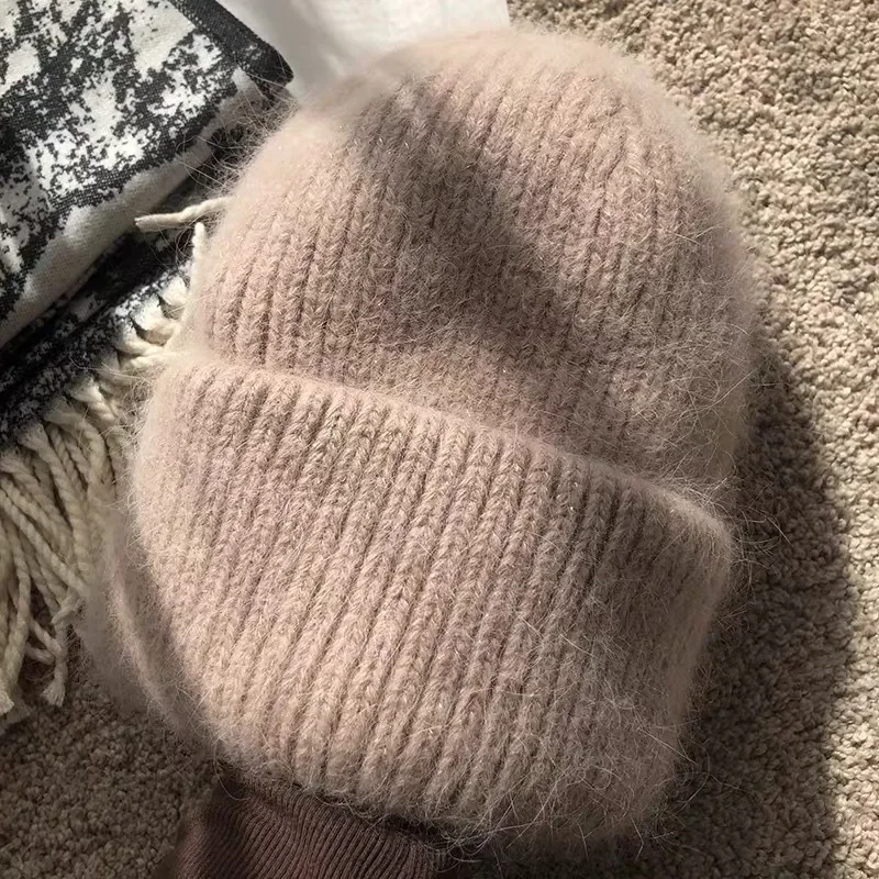 Flauschige Mützen für Damen, Erbsen, Angorakaninchenfell, Strickmütze, warm, verdickt, weich, Wollmütze, glänzende Paar-Strickwaren für Herbst und Winter – Detail 7