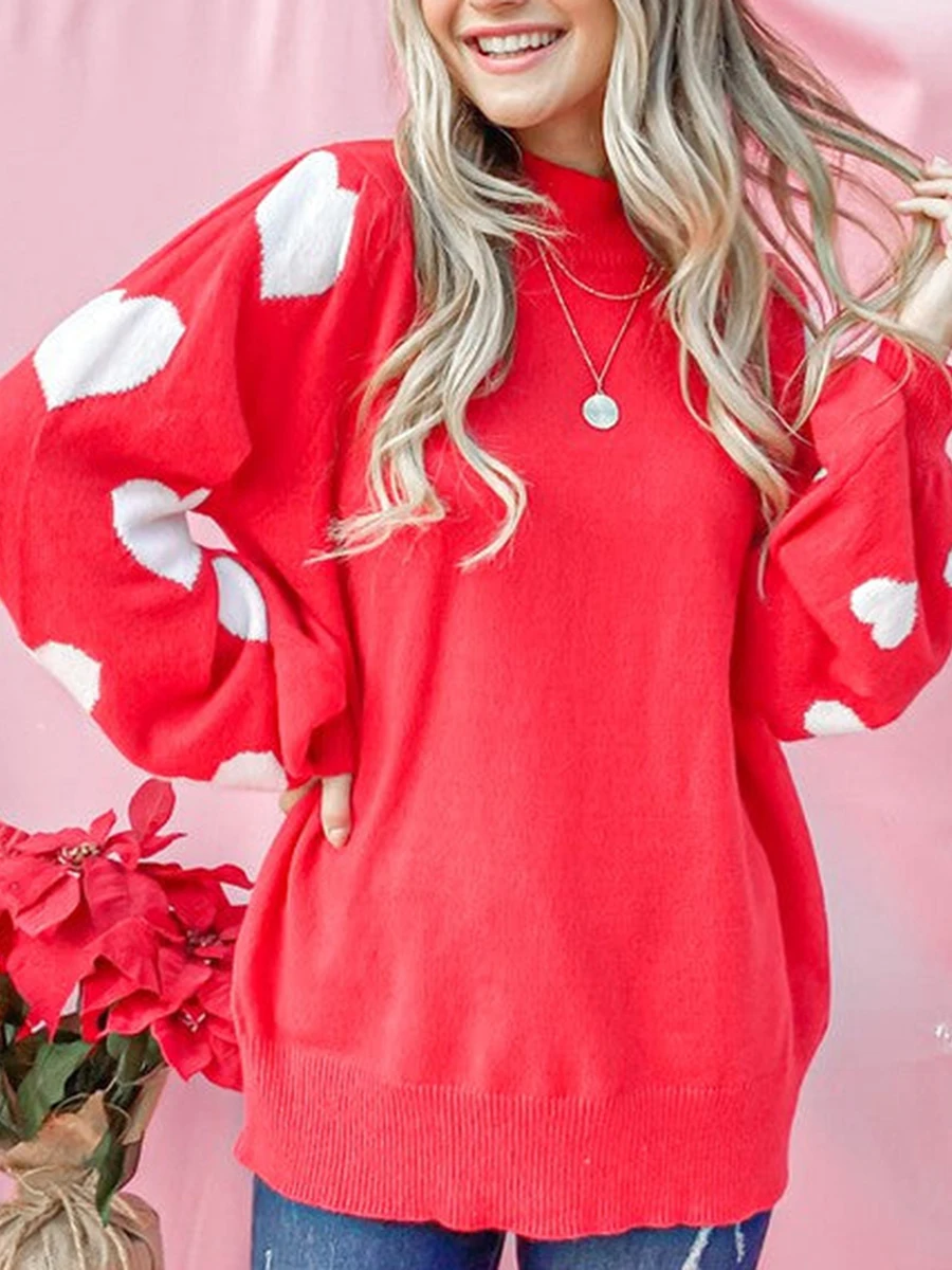 Valentine s Day Women s Heart Print Knit Sweater with Mock Neck and Long Sleeves - Cozy Pullover for Fall and Winter Casual