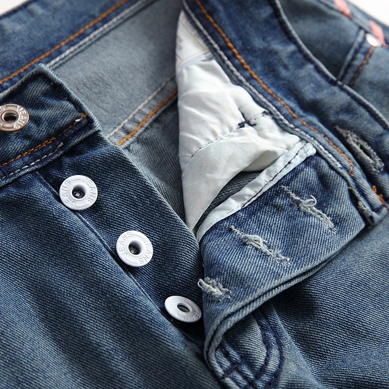Ripped Jeans Ripped Patchwork Jeans Blue Straight Button Men's European And American Fashion Ripped Regular Fit Denim Jeans Nostalgic Jeans Large Size Four Season