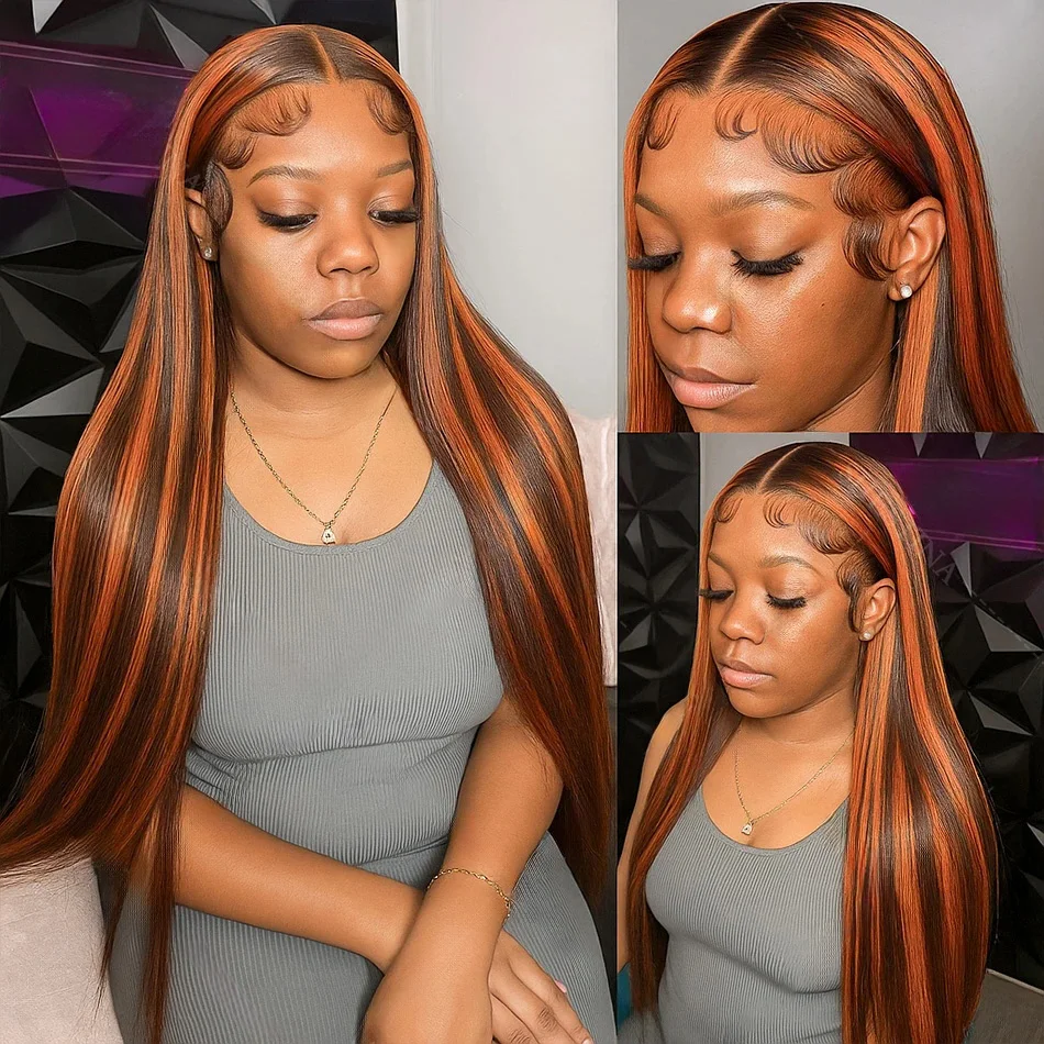 Parrucche Frontali in Pizzo 13x6 e 13x4 con Capelli Umani al 100%, Liscio Naturale, Colore Ombre 4/350 con Riflessi Arancioni e Marroni, Colore Zenzero - immagine 4