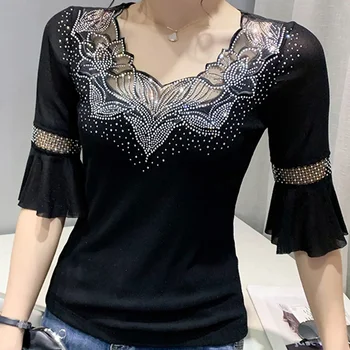 MadBlack 여름 한국 의류 티셔츠, 섹시한 패치워크 샤이니 다이아몬드 탑, 하프 플레어 슬리브, 스트리트 2022 티, T26801L 패션