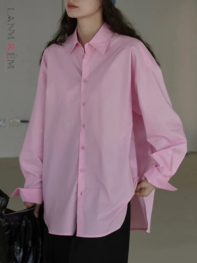 

[LANMREM] Solid Simplicity Shirts For Women Lapel Single Breasted Long Sleeve Casual Loose Blouses Female Tops 2024 Spring New