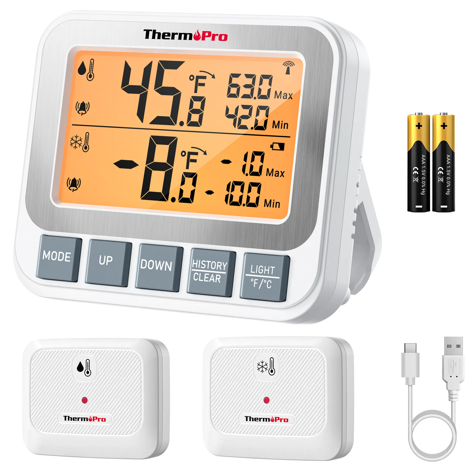 TempPro TP210B 150M 무선 냉장고/냉동고 온도계(알람 기능 포함), 충전식 백라이트 냉장고 온도계
