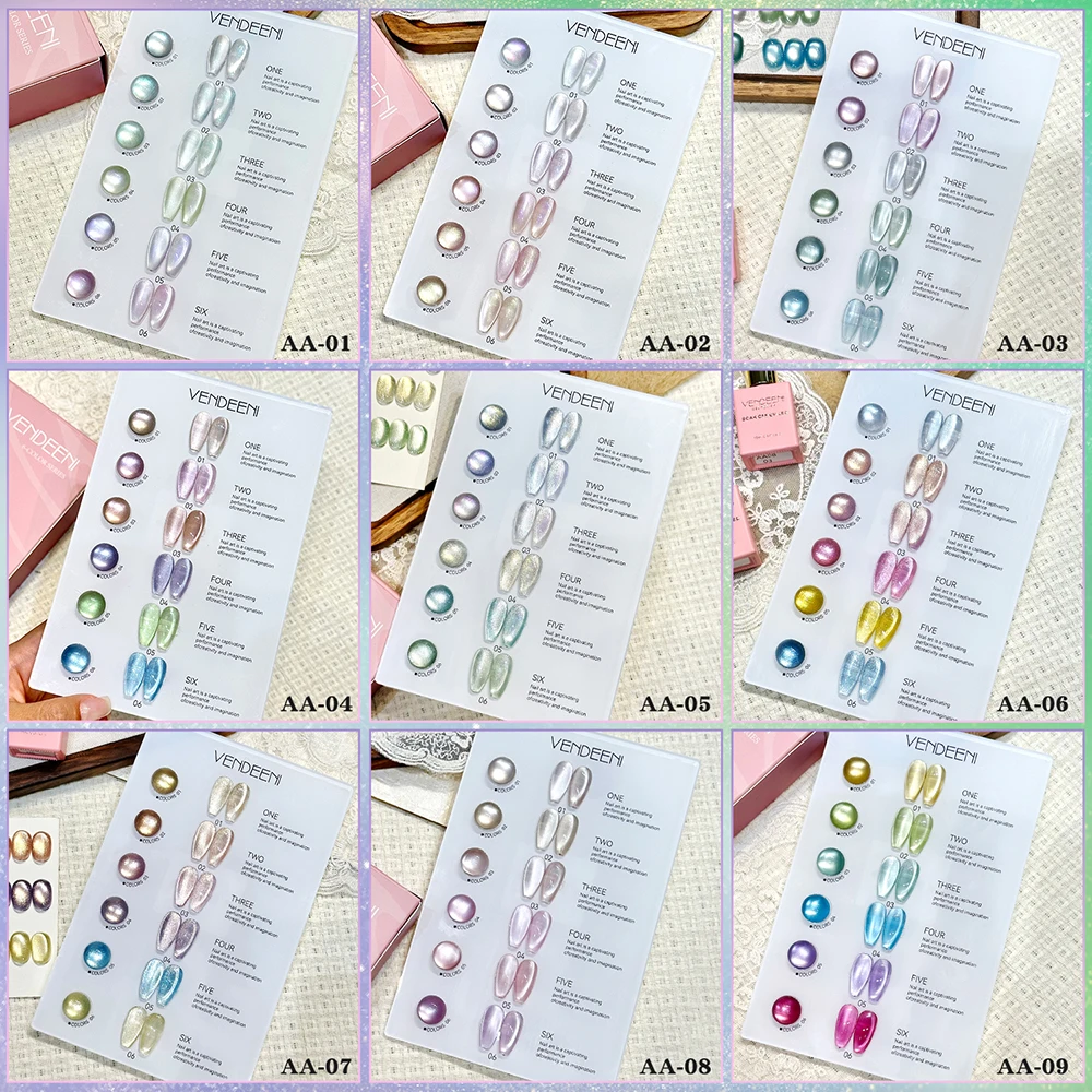 Vendeeni 6가지 색상/세트 크리스탈 캣아이 젤 네일 폴리쉬 TPO HEMA FREE 세미 퍼머넌트 마그네틱 UV 소크 오프 젤 바니시 디스플레이 포함