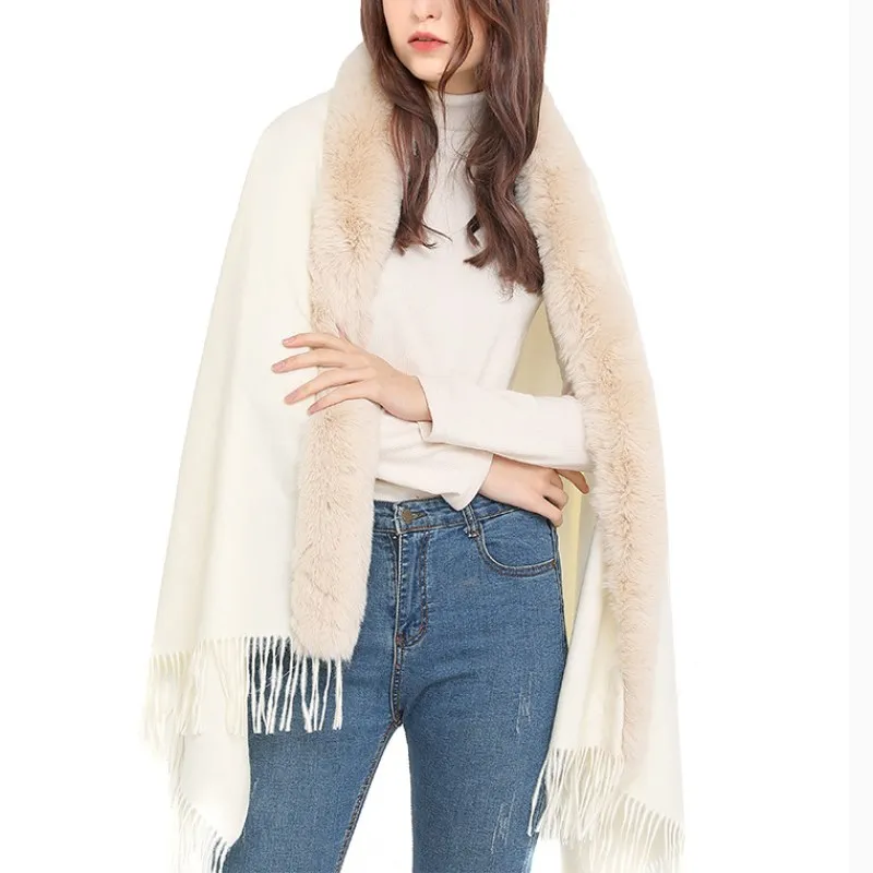 

Winter Imitation Wool Collar Cloak Scarf Dual-purpose Female Imitation Cashmere Shawl Ponchos Lady Capes Cloak Beige Cardigan