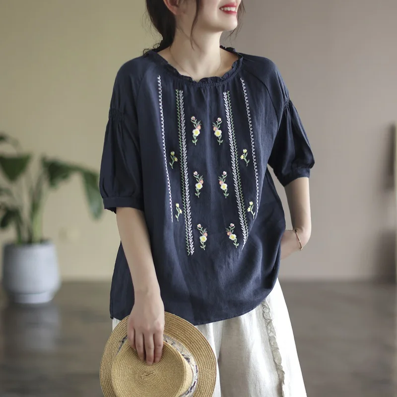 

Women Floral Embroidery T Shirt Fungus Collar Round-Neck Short Sleeve Blouse Shirt Solid Casual Korean Fashion Vintage Blouses