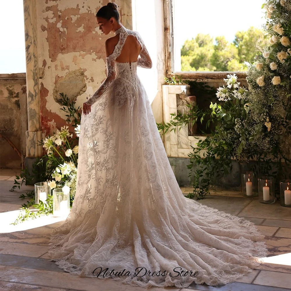 Elegant Customized Long Sleeves High Collar Wedding Dress Charming Appliques Lace Bridal Gowns Sexy Side Slit Vestido De Novia