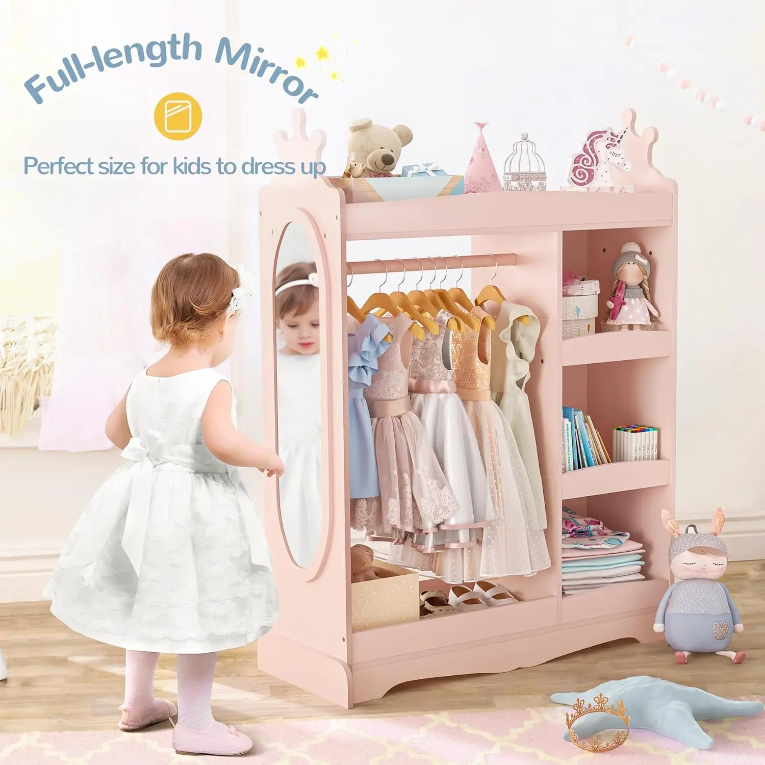 Dress up Storage with Mirror, Kids Wardrobe with 3 Hooks, Kids Closet for Girls Boys, Armoire Costume Organizer for Be
