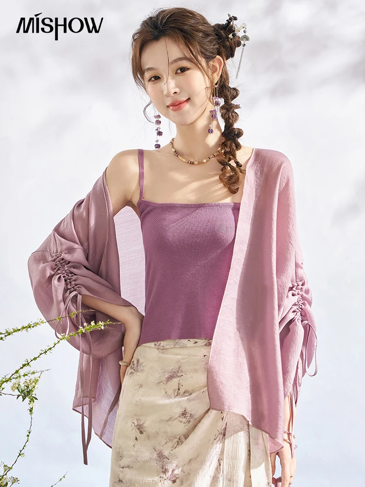 MISHOW Sunscreen Shirt  2024 Spring Summer Lyocell Fabric Chinese Loose Sleeves Pleated Lantern Sleeve Cardigan MXD12W0323 2023 new women sweater fake sleeves lace hollow out shirt pleated sleeve false cuffs girls dress wrist warmers