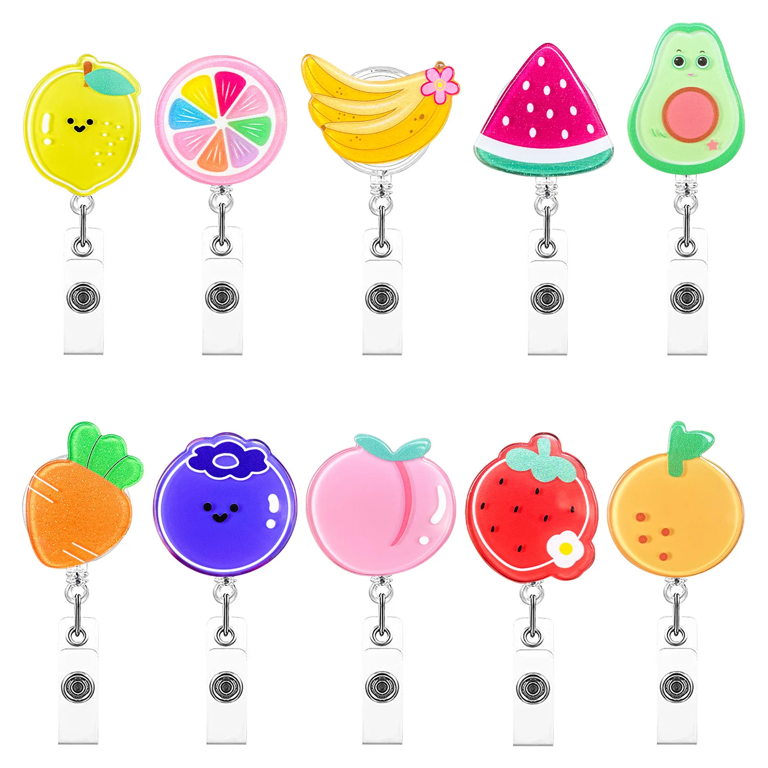 

Glitter Acrylic Fruits Nurse Doctor Hospital Badge Reel Retractable ID Badge Holder With 360 Rotating Alligator Clip Name Holder