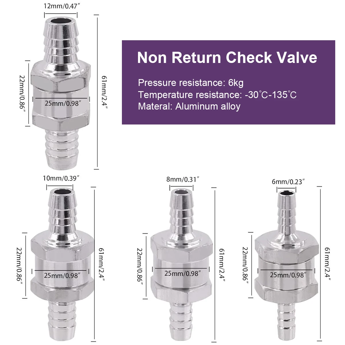 Fuel Non Return Check Valve 6/8/10/12mm Aluminium Alloy Oil Petrol Diesel Water Fuel Line One Way for Peugeot Renault VW Kia
