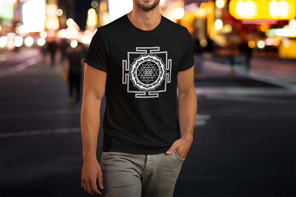 Heiliger Geometrie Metatrons Würfel Shri Yantra-kosmischer Leiter des Energie-T-Shirts für Männer Baumwolle bedruckte Kleidung in Übergröße – Detail 2